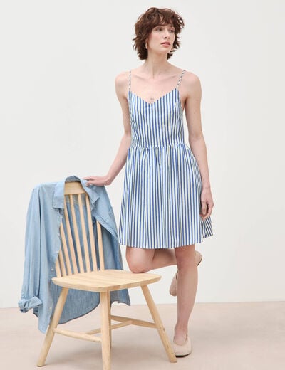 Robe bretelle col c&oelig;ur en coton bleu femme