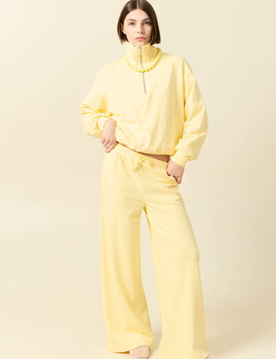 Pantalon large taille haute fluide jaune pastel femme