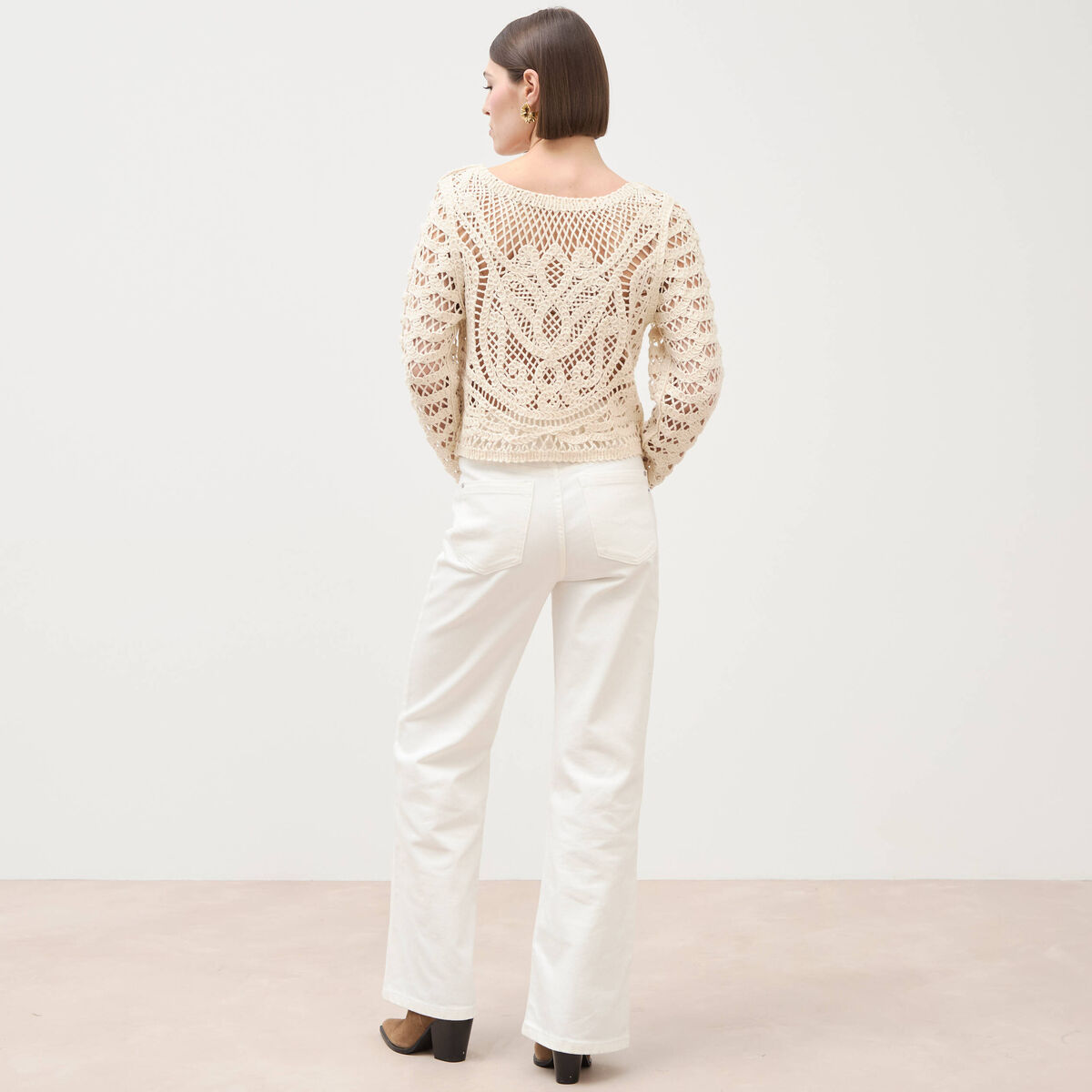 Cardigan droit court manches longues ecru femme