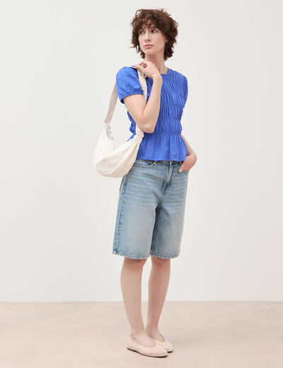T-shirt fronc&eacute; col rond manches courtes bleu electrique femme