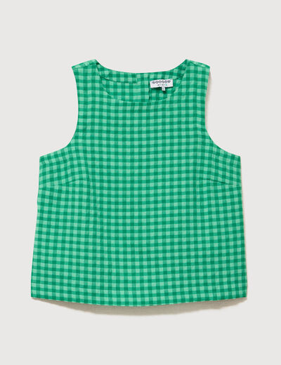 Blouse vichy droite cropped sans manches vert femme