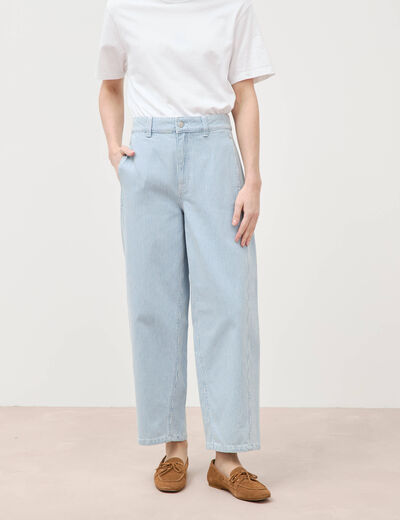 Jeans barrel taille haute ray&eacute; denim bleach femme