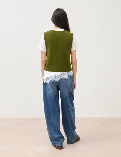 Pull sans manches col en V vert kaki femme