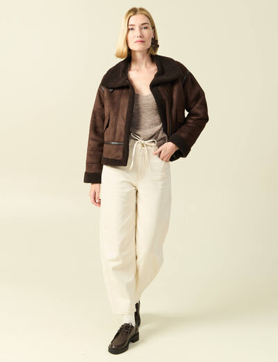 Pull col V manches longues marron clair femme