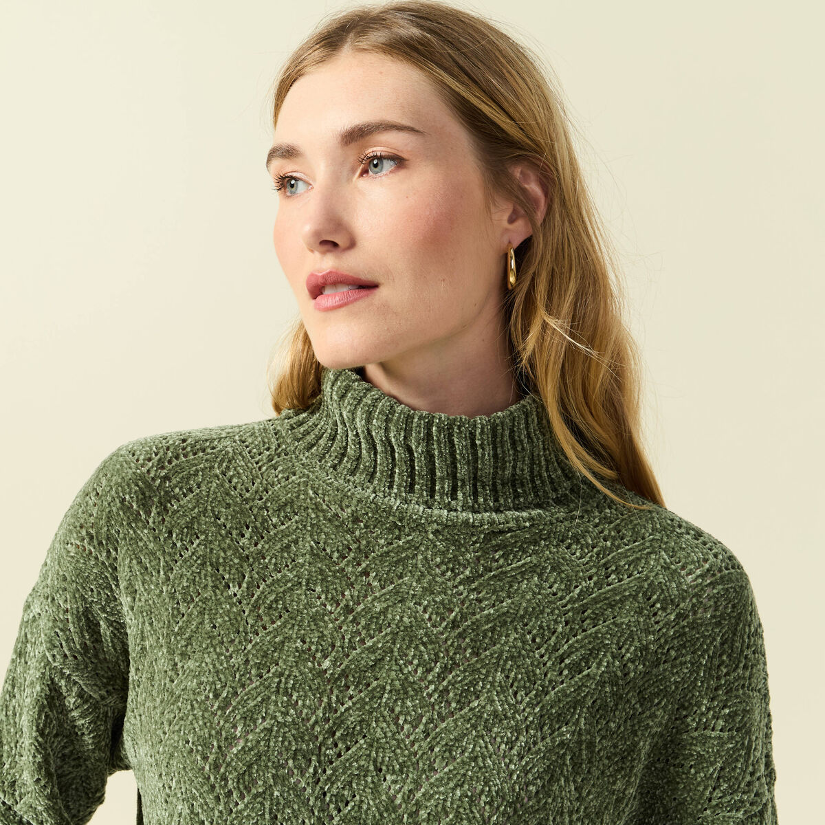 Pull col roul&eacute; manches longues vert kaki femme