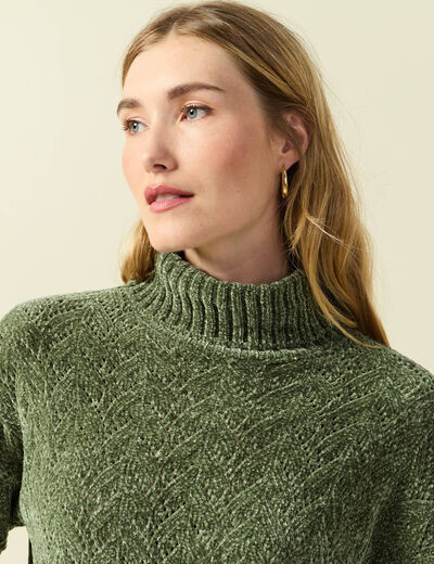 Pull col roul&eacute; manches longues vert kaki femme
