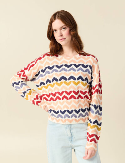 Pull col rond manches longues ecru femme