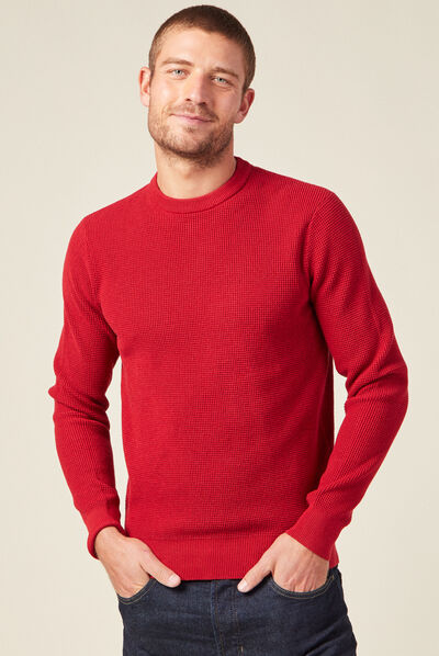 Pull manches longues col rond rouge foncé homme