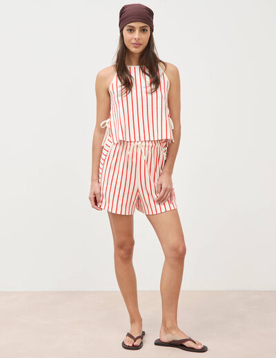 Short taille haute en maille ray&eacute;e orange fonc&eacute; femme