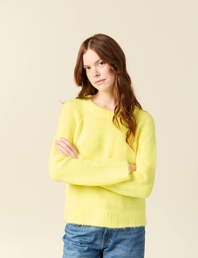 Pull manches longues col rond jaune femme