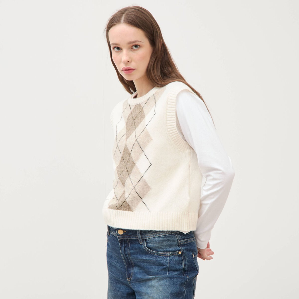 Pull sans manches col rond ecru femme
