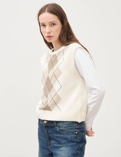 Pull sans manches col rond ecru femme