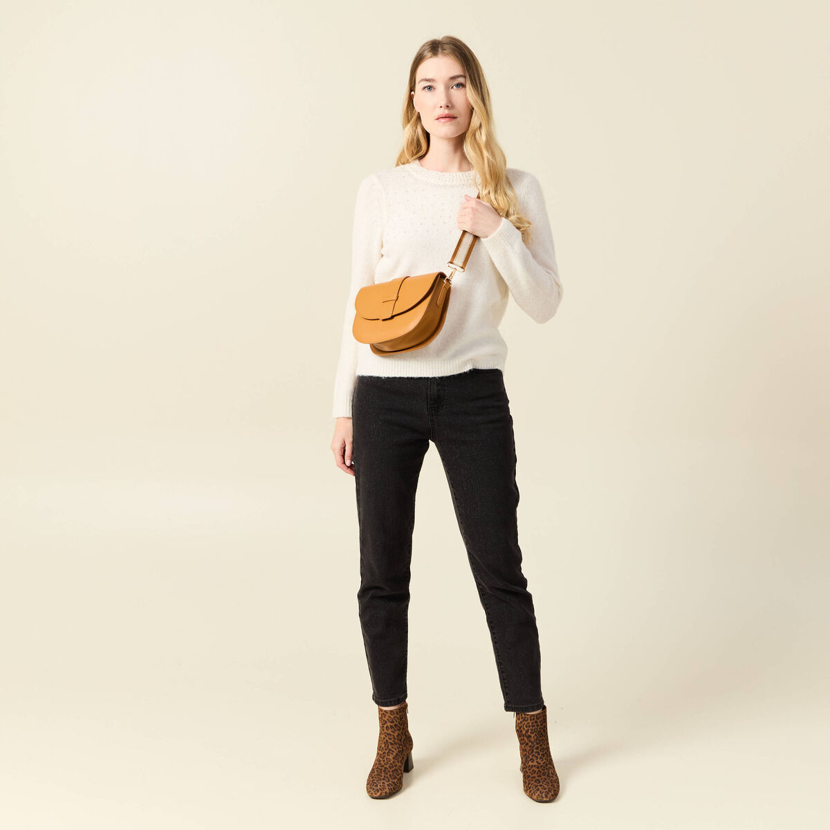 Pull manches longues perles ecru femme
