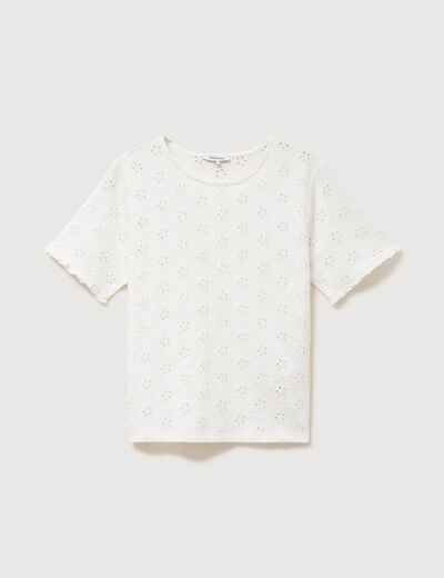 T-shirt droit col rond broderie coton ecru femme