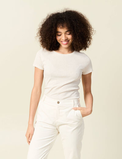 Short cintré manches courtes col rond beige femme