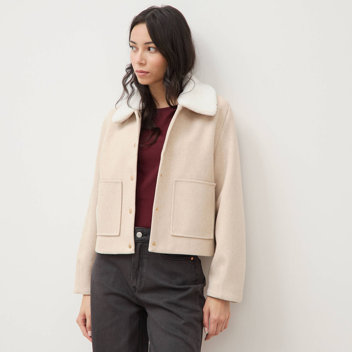 Blouson court oversize col sherpa creme femme