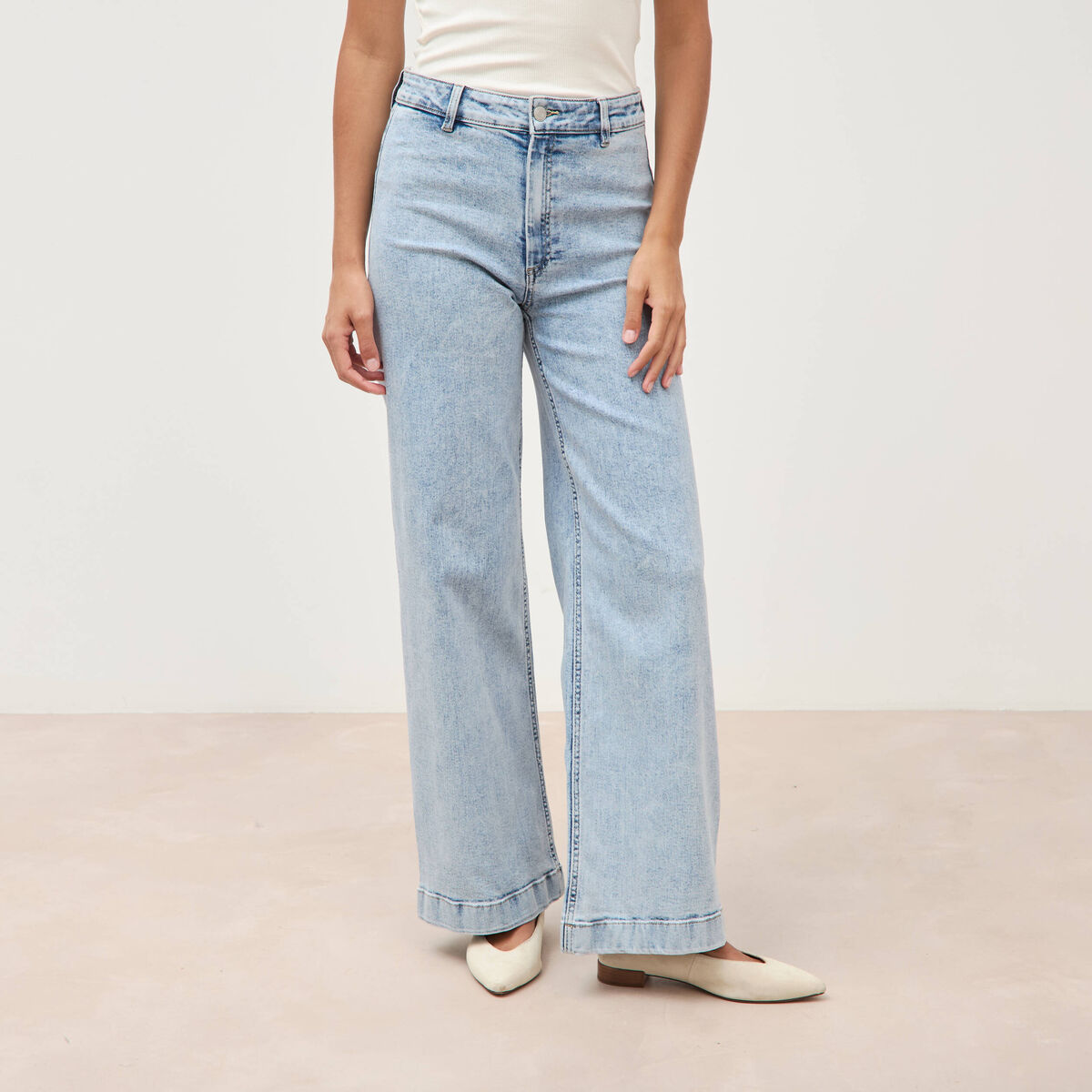 Jeans large taille haute denim bleach femme