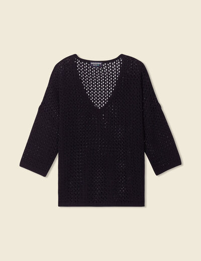 Pull ajour&eacute; col v manches 3/4 noir femme