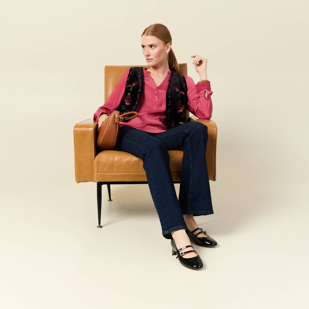 Blouse manches longues satin vieux rose femme