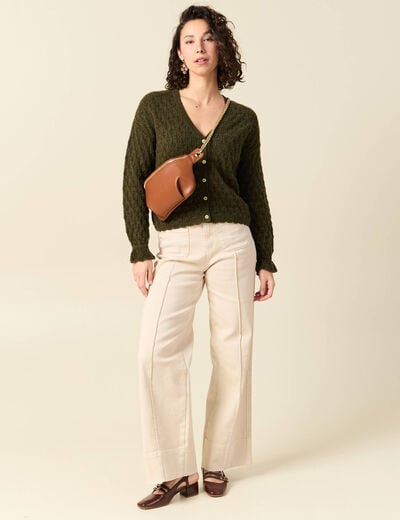 Gilet ajour&eacute; droit court col v vert kaki femme
