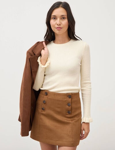 Pull cintr&eacute; col rond manches longues creme femme