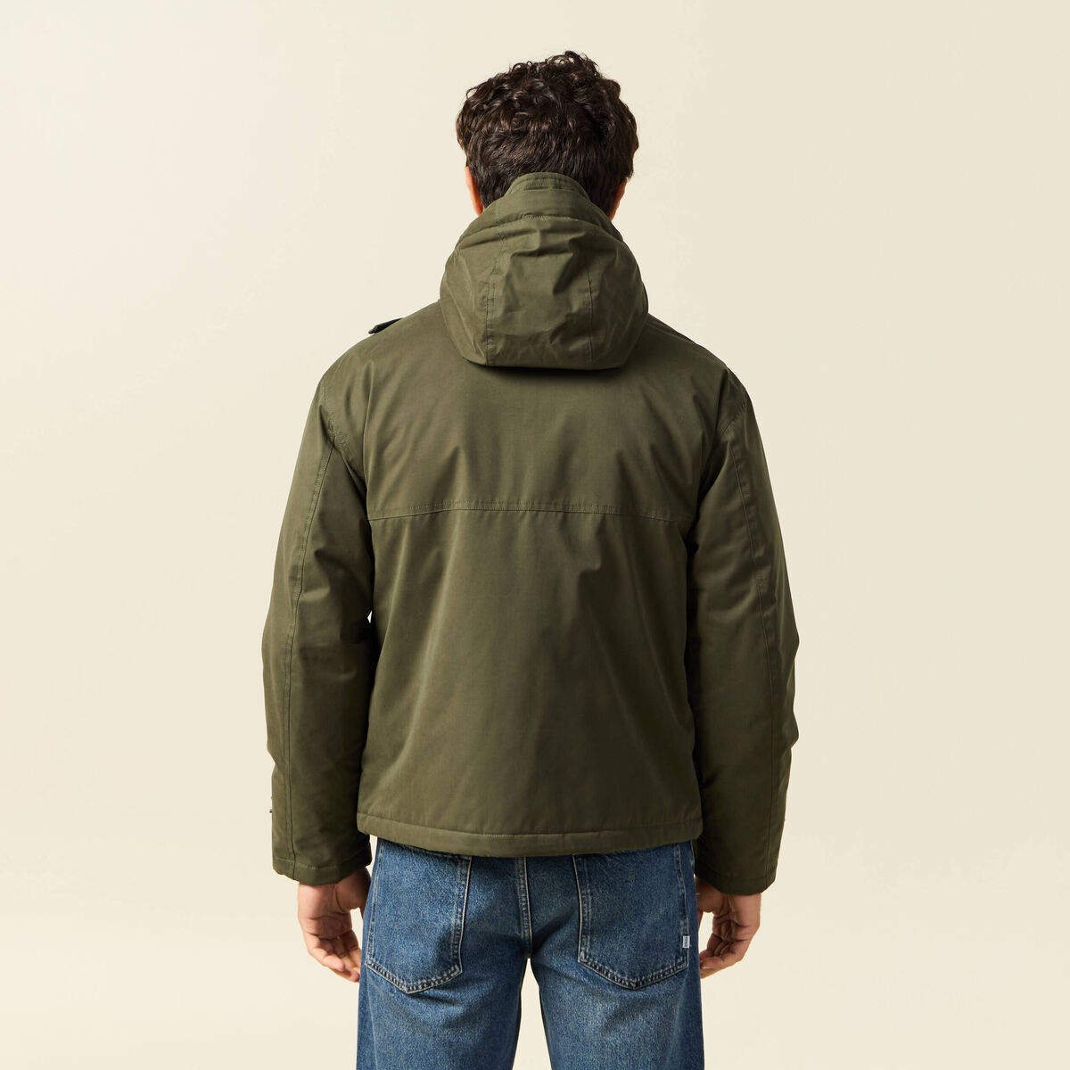 Parka droite courte &agrave; capuche vert kaki homme