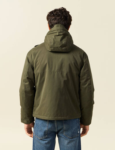 Parka droite courte &agrave; capuche vert kaki homme