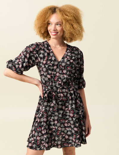 Robe évasée fluide manches 3/4 noir femme