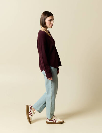 Pull manches longues col en V prune femme