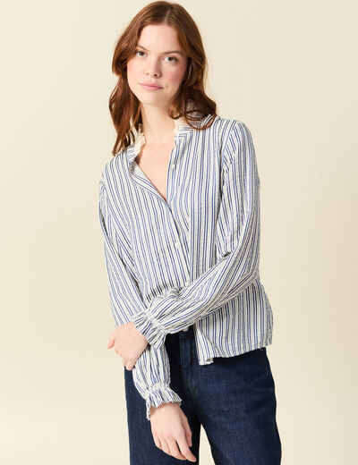 Chemise cintr&eacute;e col montant brod&eacute;e blanc femme