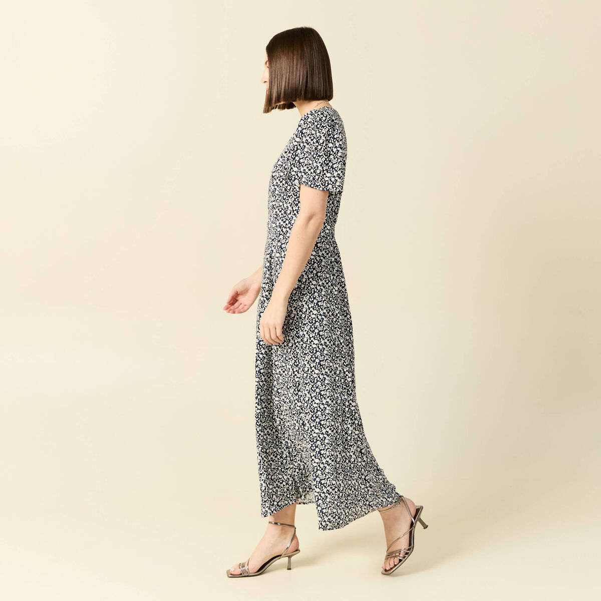 Robe longue droite col v manches courtes bleu femme