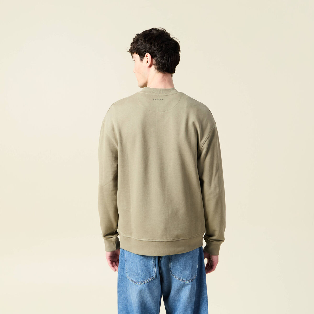 Sweat col rond manches longues en coton vert kaki homme