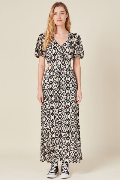 Robe longue droite ouvertures noir femme