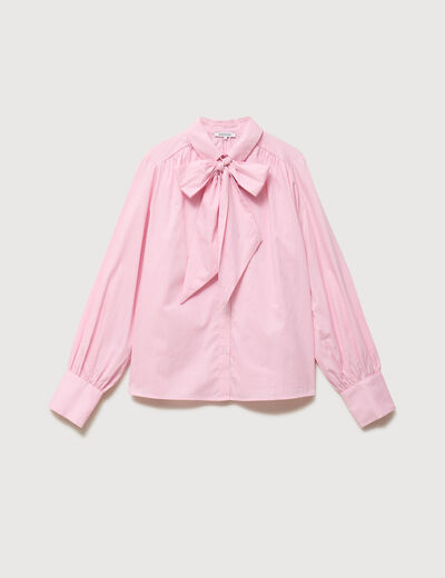 Chemise droite col noeud manches longues rose poudr&eacute;e femme
