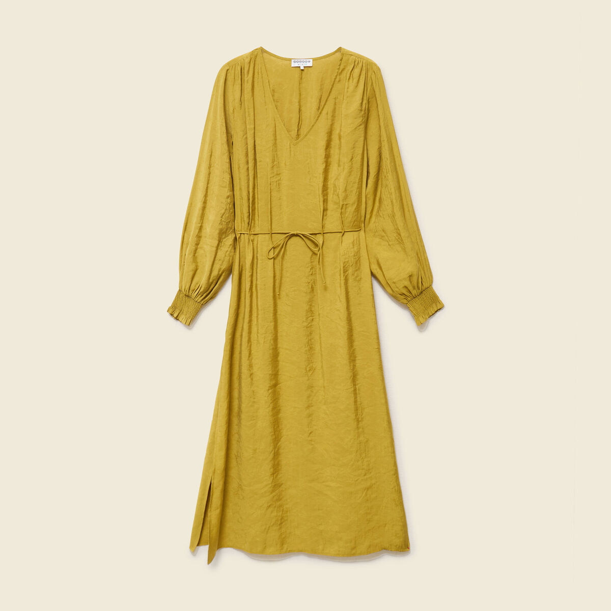 Robe longue droite col v manches longues vert olive femme