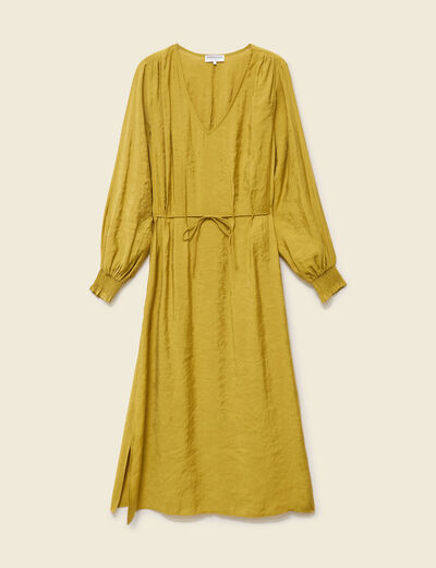 Robe longue droite col v manches longues vert olive femme