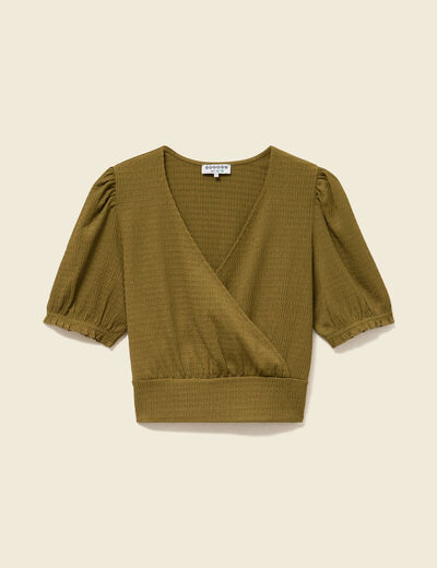 Blouse cropped manches courtes vert kaki femme