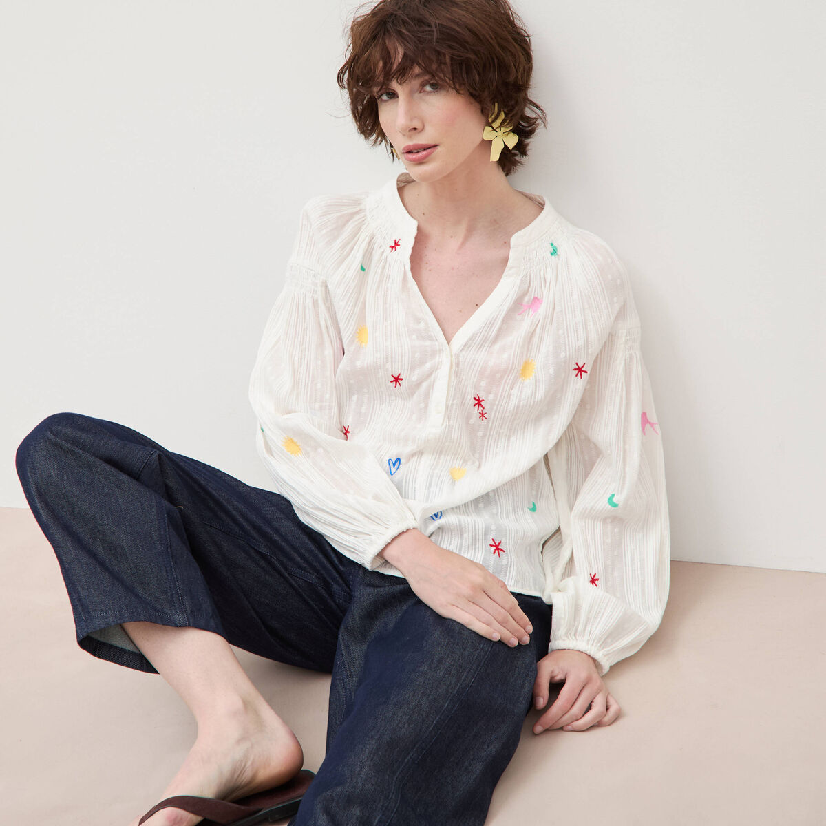 Blouse ample col mao manches longues ecru femme