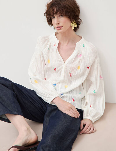 Blouse ample col mao manches longues ecru femme