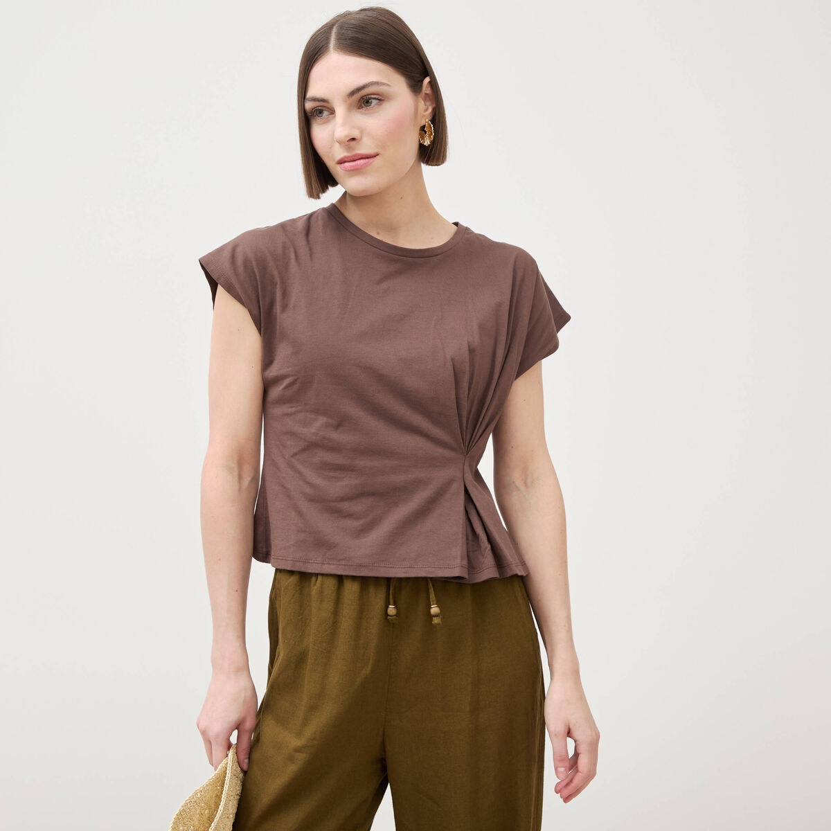 T-shirt manches courtes marron fonc&eacute; femme