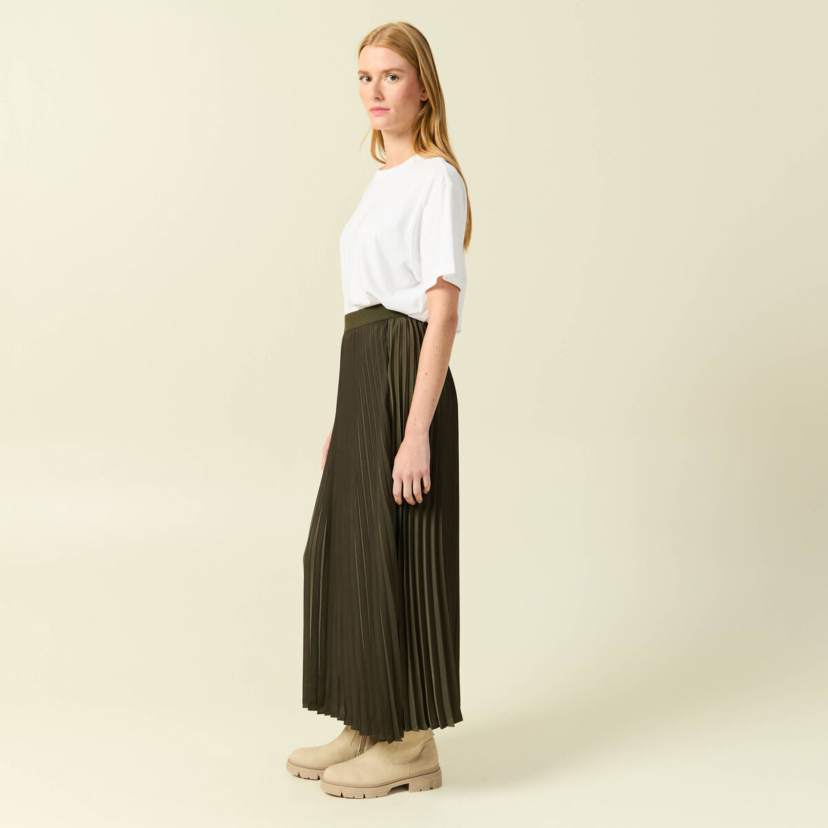 Jupe pliss&eacute;e longue vert kaki femme