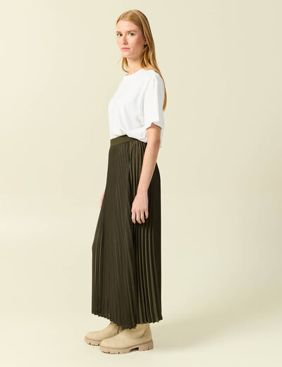 Jupe pliss&eacute;e longue vert kaki femme