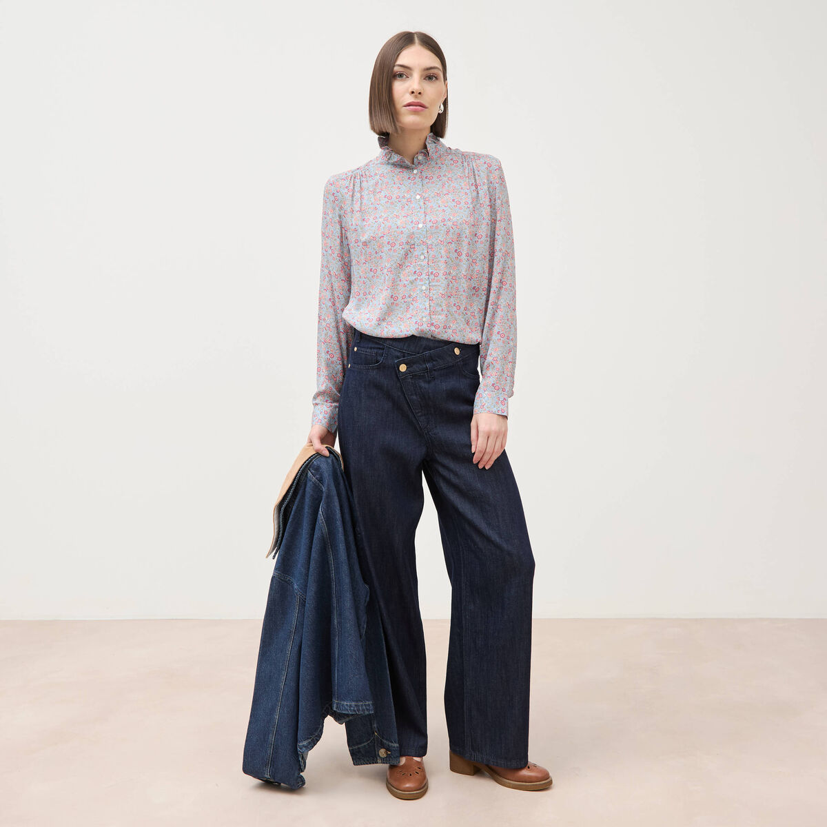 Chemise droite manches longues bleu gris femme