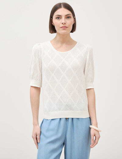 Pull ajour&eacute; droit court manches courtes ecru femme
