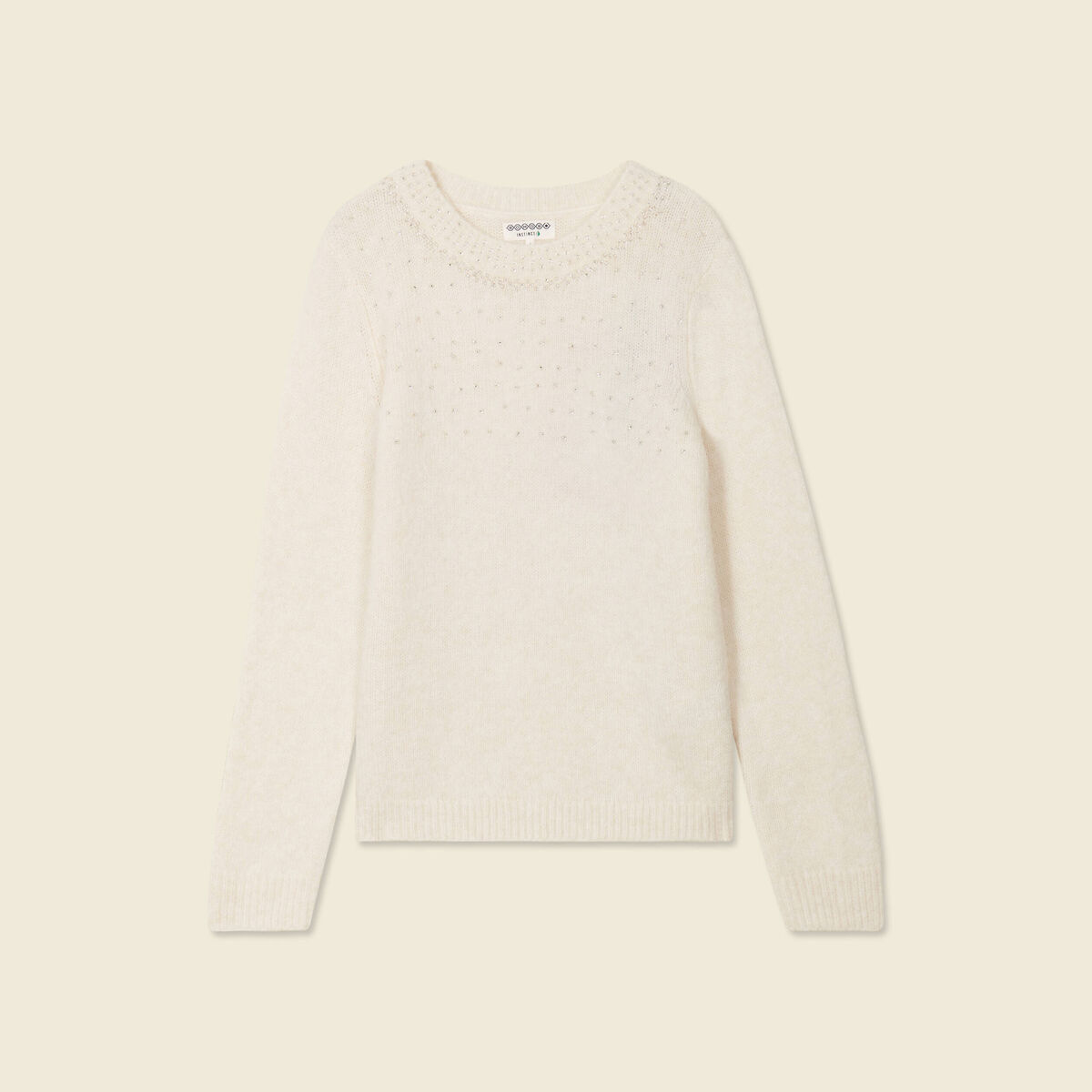 Pull manches longues perles ecru femme