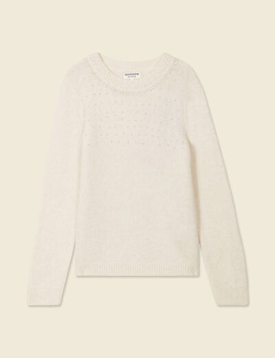 Pull manches longues perles ecru femme