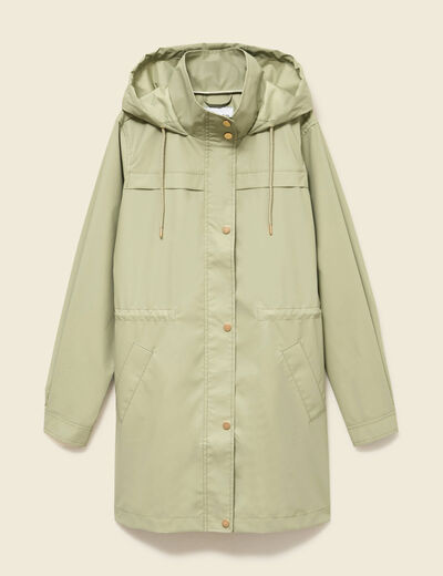 Parka longue droite d&eacute;perlante &agrave; capuche vert kaki femme