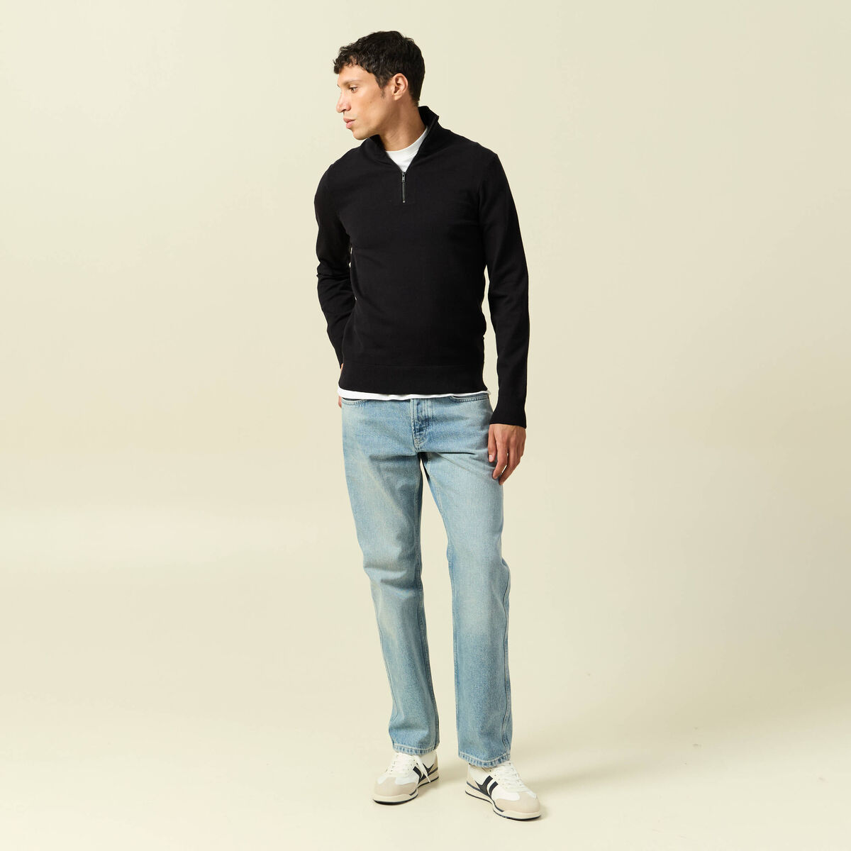 Pull fin col camionneur manches longues noir homme