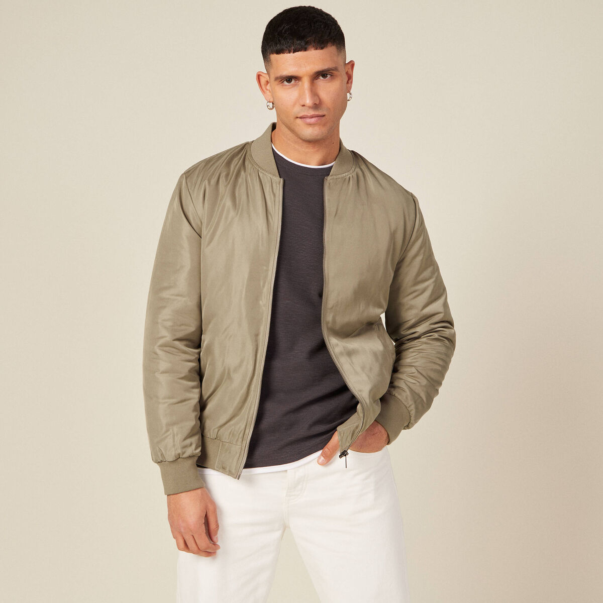 Bomber court manches longues doubl&eacute; taupe homme