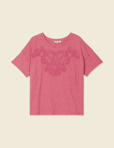 T-shirt manches courtes brodé vieux rose femme
